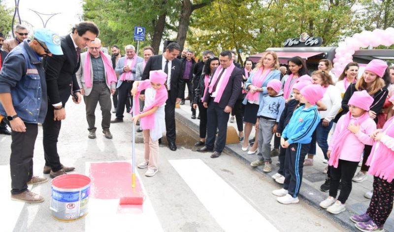 Meme kanseri farkındalığı için yaya geçidi pembeye boyandı
