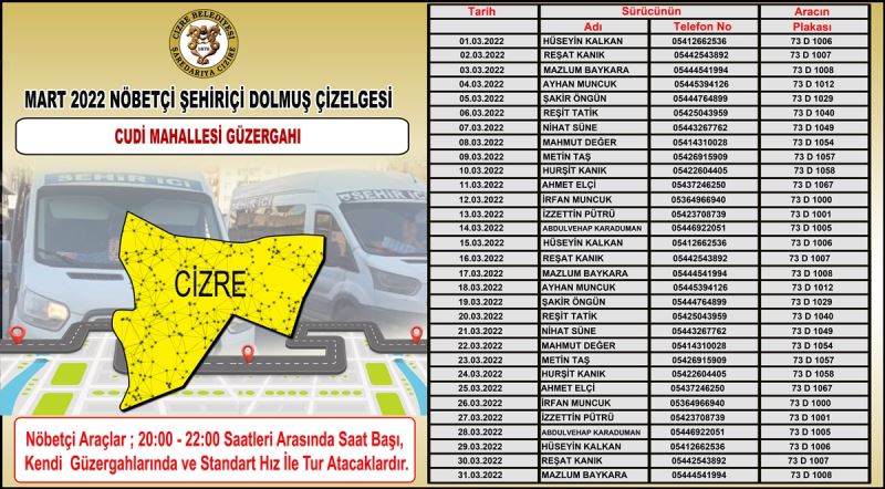 İlçemizde Mart Ayı Nöbetçi Dolmuş Çizelgesi