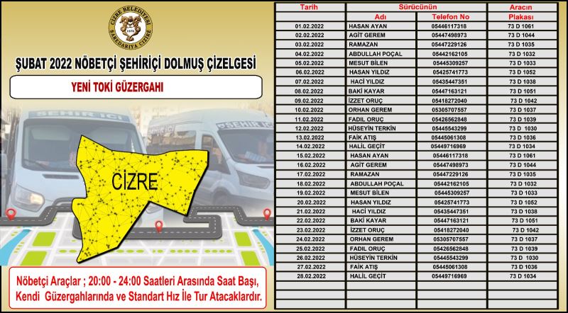 İlçemizde Şubat Ayı Nöbetçi Dolmuş Çizelgesi