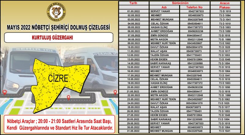 İlçemizde Mayıs Ayı Nöbetçi Dolmuş Çizelgesi