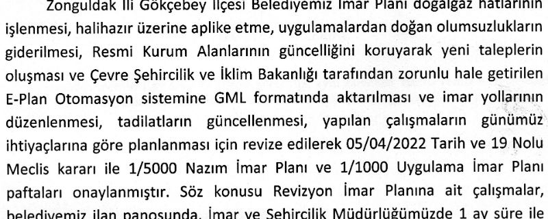 Revizyon İmar Planına ait çalışmaların ilanı