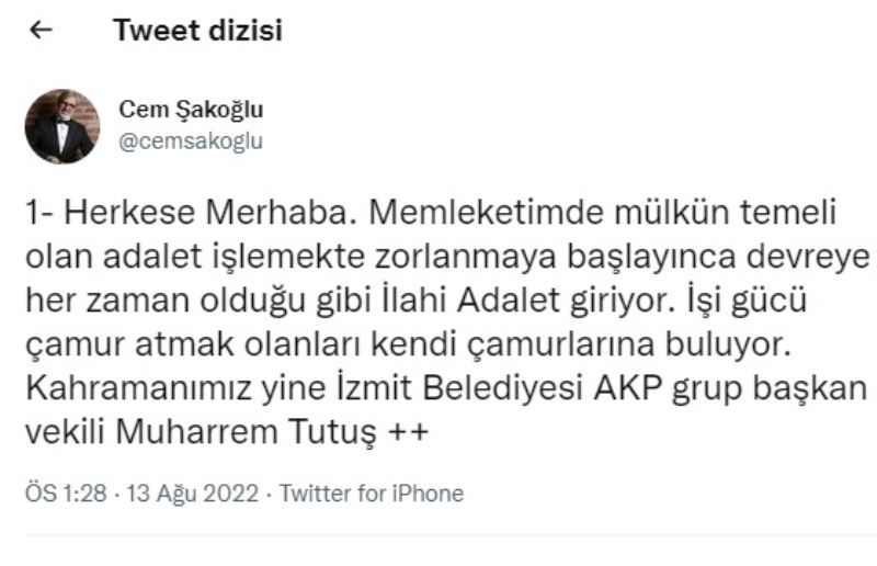CEM ŞAKOĞLU’NDAN TUTUŞ’A CEVAP; “AKP’Lİ TUTUŞ TUTTURAMADIKÇA PAYLAŞIMLARINI SİLİYOR”