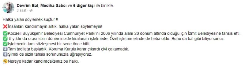 DEVRİM BAL’DAN CUMHURİYET PARKI TEPKİSİ; “NEREYE KADAR KANDIRACAKSINIZ BU HALKI?”