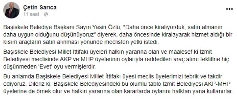 SARICA, BAŞİSKELE’DE ARAÇ SATIN ALIMI YETKİSİNİ VEREN MİLLET İTTİFAKINI KUTLADI