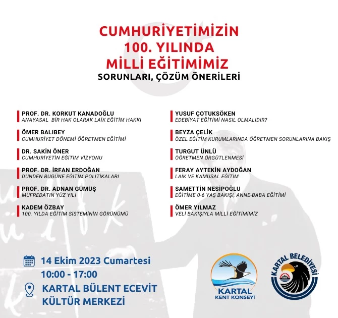 KARTAL’DA, ‘CUMHURİYETİMİZİN 100. YILINDA MİLLİ EĞİTİMİMİZ, SORUNLARI, ÇÖZÜM ÖNERİLERİ’ ÇALIŞTAYI YAPILACAK