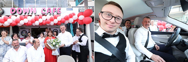 Başkan Büyükakın, Gölcük +1 Down Kafe’de bir araya geldiği özel çocukları Türkiye’nin otomobili TOGG ile Değirmendere turuna çıkardı