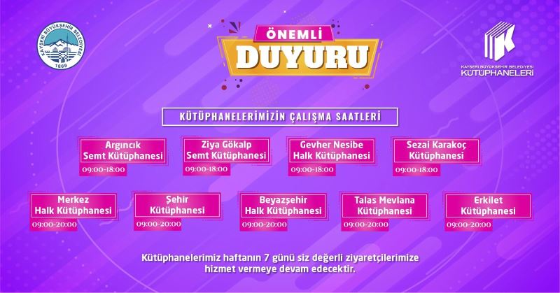 Büyükşehir Kütüphaneleri’nde Yeni Saat Düzenlemesi