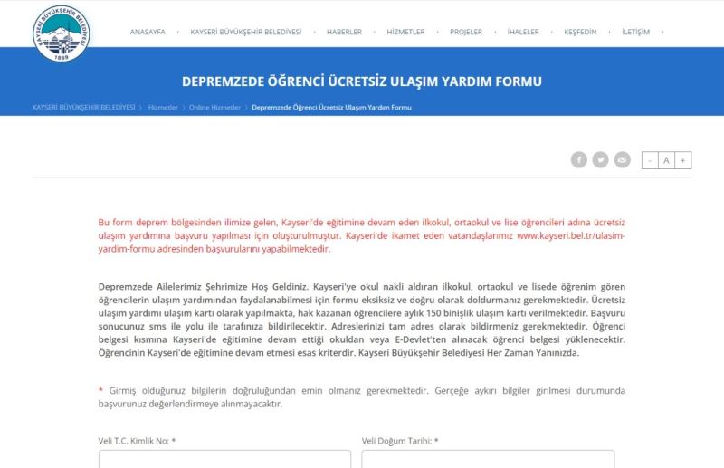 Kayseri Büyükşehir’den Depremzede Öğrencilere Ücretsiz Ulaşım İmkânı