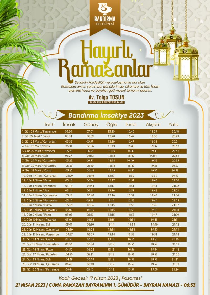 Bandırma Belediyesi 2023 İmsakiyesi