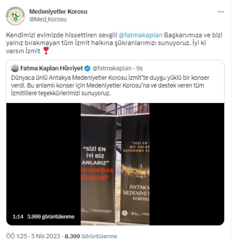 DÜNYACA ÜNLÜ ANTAKYA MEDENİYETLER KOROSUNDAN BAŞKAN HÜRRİYET VE İZMİT HALKINA TEŞEKKÜR