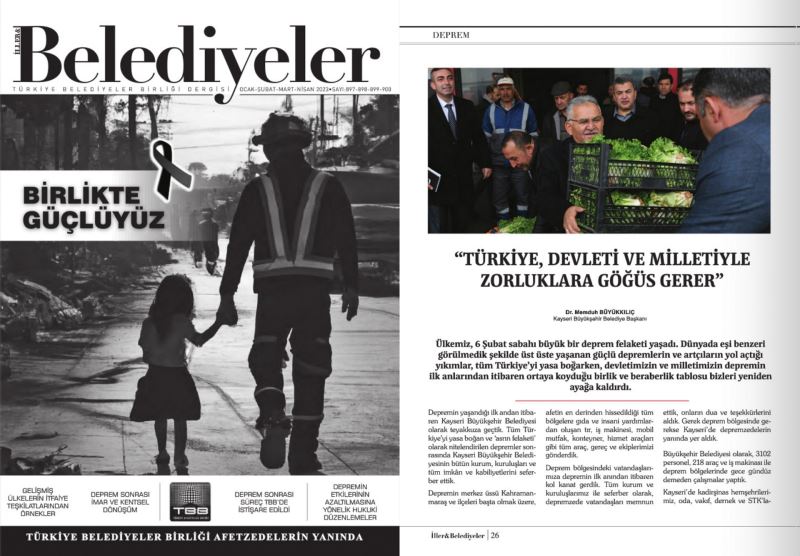 Kayseri Büyükşehir’in Deprem Bölgesindeki Desteği TBB Dergisinde Geniş Yer Buldu