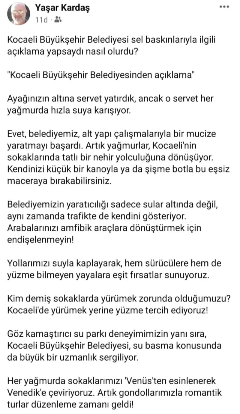 YAŞAR KARDAŞ’TAN BÜYÜKŞEHİR’E YAĞMUR TEPKİSİ