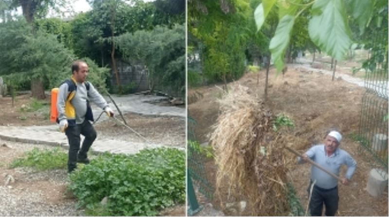 MEZARLIKLARDA OT BİÇME VE İLAÇLAMA ÇALIŞMALARI DEVAM EDİYOR