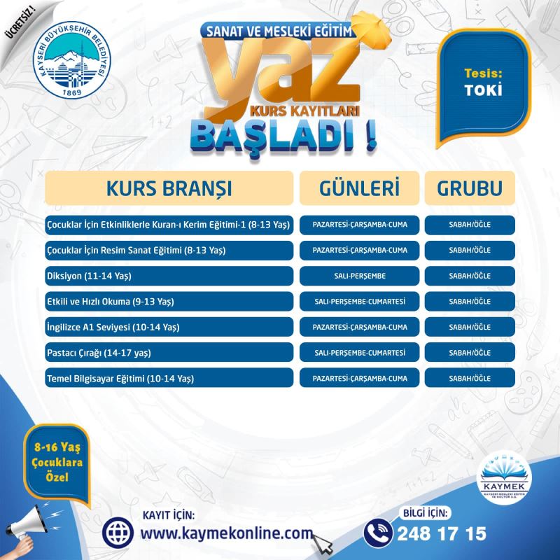 KAYMEK Sanat ve Mesleki Eğitim Yaz Dönemi Kurs Kayıtları Başladı