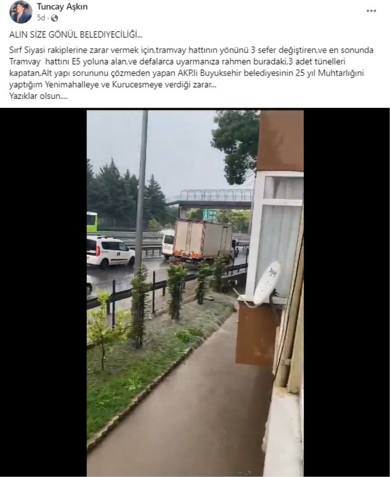 TUNCAY AŞKIN’DAN, TRAMVAY YÖNÜNÜ 3 SEFER DEĞİŞTİREN KARARLAR SONRASI KURUÇEŞMEYİ SULAR ALTINDA BIRAKAN BÜYÜKŞEHİR’E TEPKİ