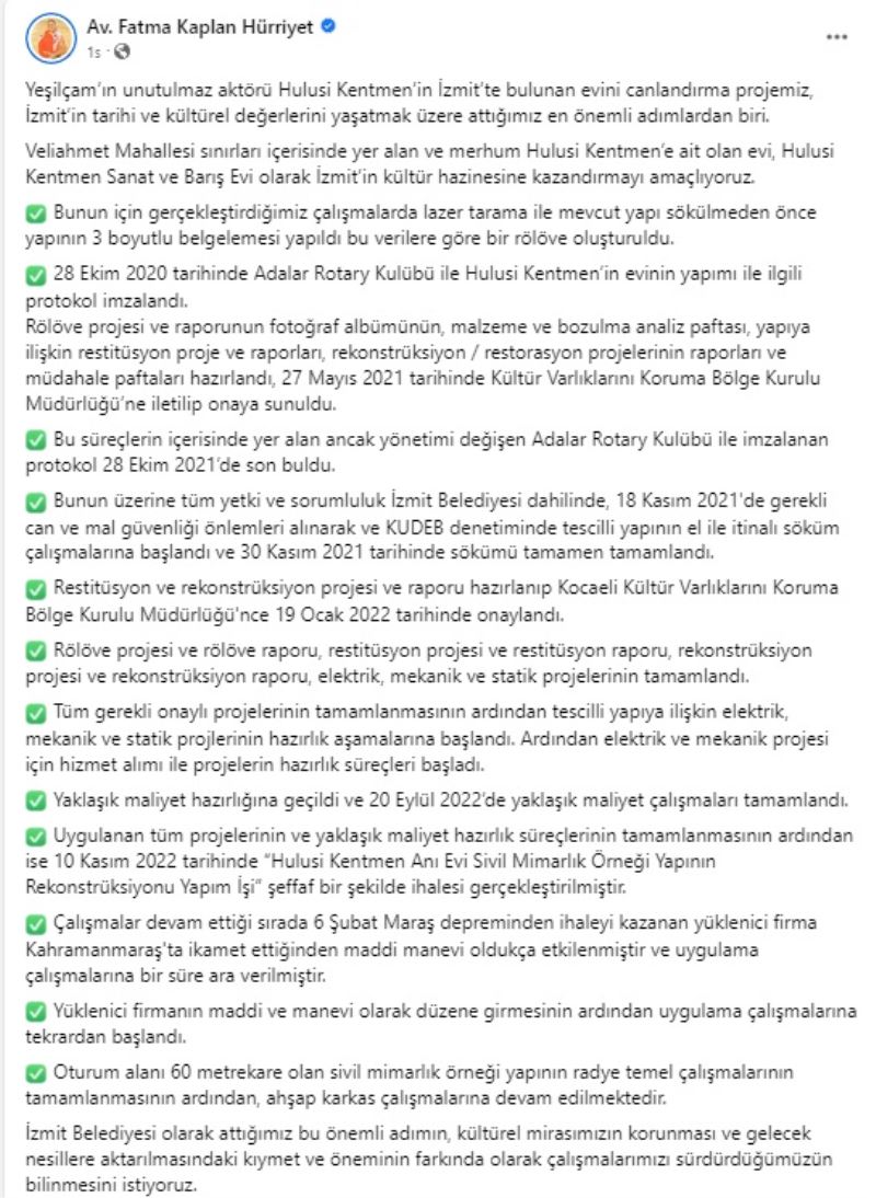 BAŞKAN HÜRRİYET, HULUSİ KENTMEN SANAT VE BARIŞ EVİ  PROJE SÜRECİ İLE İLGİLİ KAMUOYUNU BİLGİLENDİRDİ