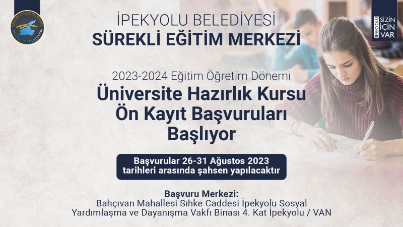 İPEKYOLU BELEDİYESİ SÜREKLİ EĞİTİM MERKEZİ 2023-2024 EĞİTİM ÖĞRETİM DÖNEMİ KURSUNUN ÖN KAYIT BAŞVURULARI BAŞLIYOR