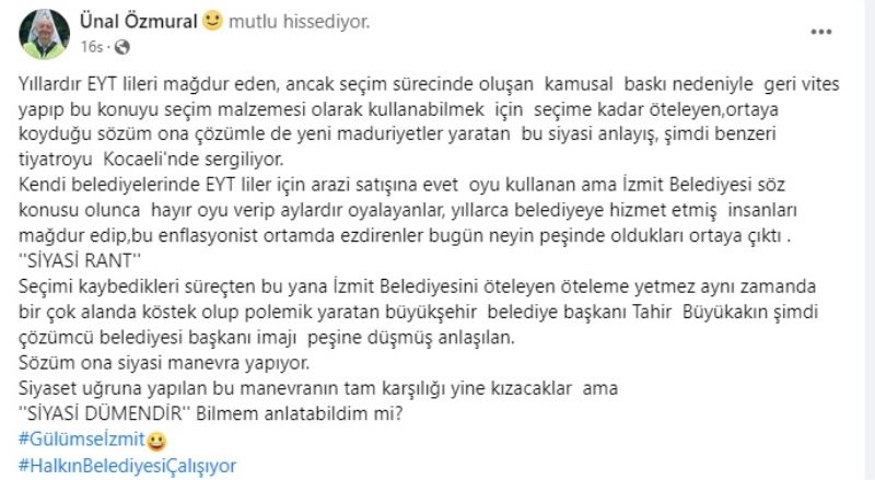 ÜNAL ÖZMURAL: SİYASET UĞRUNA YAPTIKLARI BU MANEVRA SİYASİ DÜMENDİR!