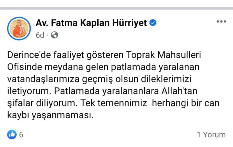 BAŞKAN HÜRRİYET, DERİNCE’DE MEYDANA GELEN  PATLAMA NEDENİYLE GEÇMİŞ OLSUN MESAJI YAYINLADI