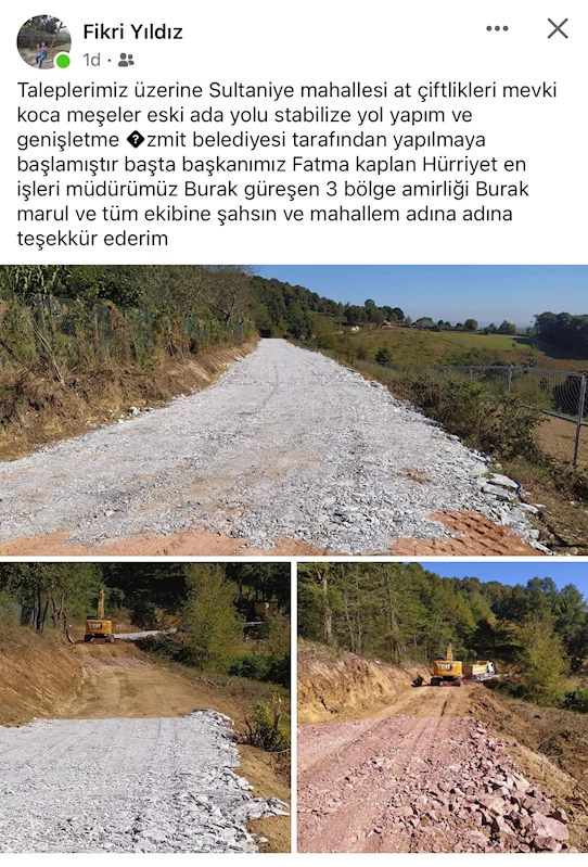 SULTANİYE MAHALLE MUHTARI FİKRİ YILDIZ’DAN  BAŞKAN HÜRRİYET’E YOL TEŞEKKÜRÜ