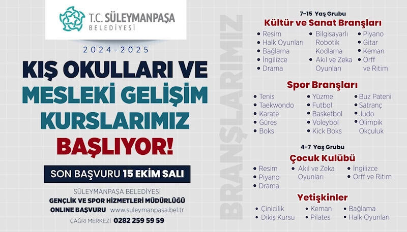 Süleymanpaşa Belediyesi Kış Okulları ve Mesleki Gelişim Kursları Başlıyor