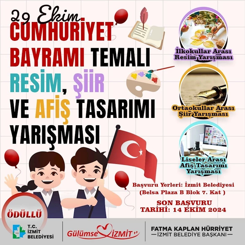 İZMİT BELEDİYESİNDEN CUMHURİYET BAYRAMI TEMALI ÖDÜLLÜ YARIŞMALAR