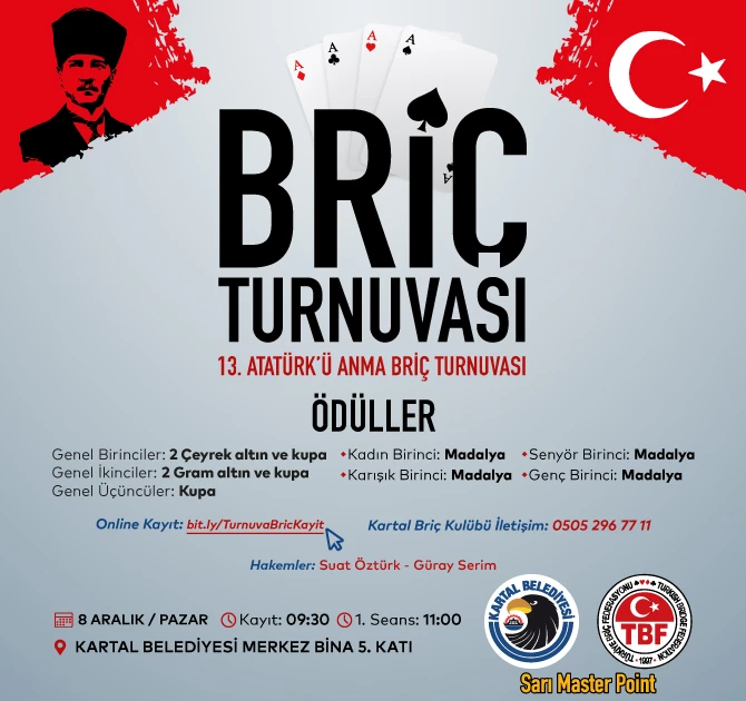 KARTAL’DA ‘13. ATATÜRK’Ü ANMA BRİÇ TURNUVASI’ HEYECANI YAŞANACAK