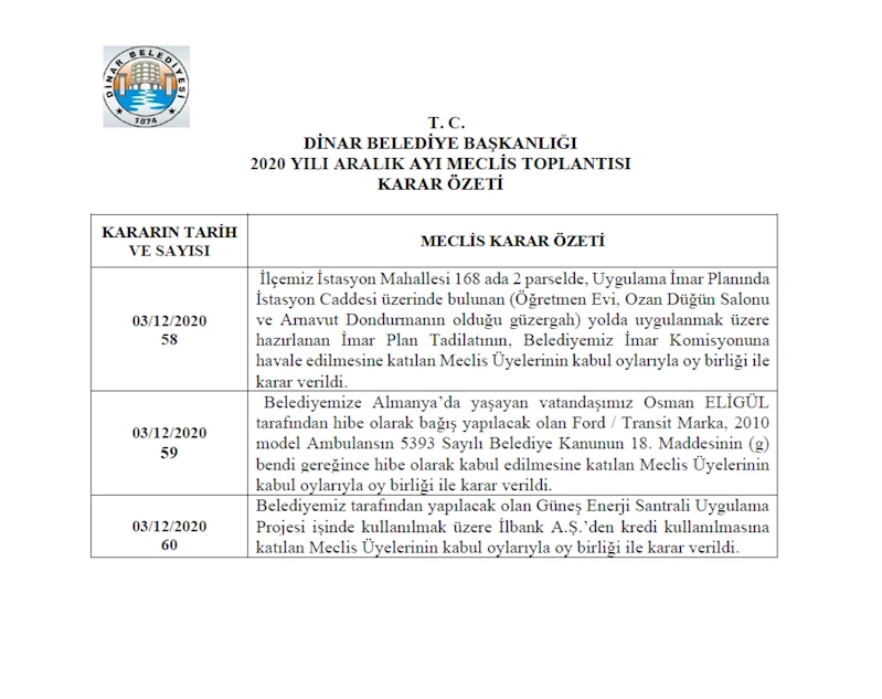 2020 ARALIK AYI MECLİS KARARLARI