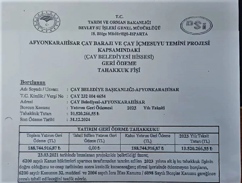 1 NİSAN 2024 TARİİ İTİBARİYLE BELEDİYEMİZ BORÇ DURUMU