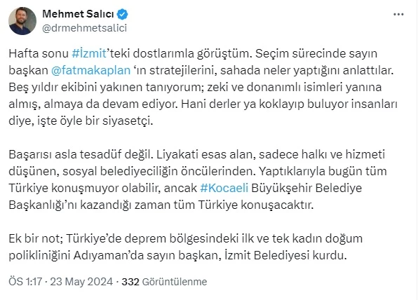 OP. DR. MEHMET SALICI’DAN BAŞKAN HÜRRİYET’E “BAŞARI ASLA TESADÜF DEĞİL”
