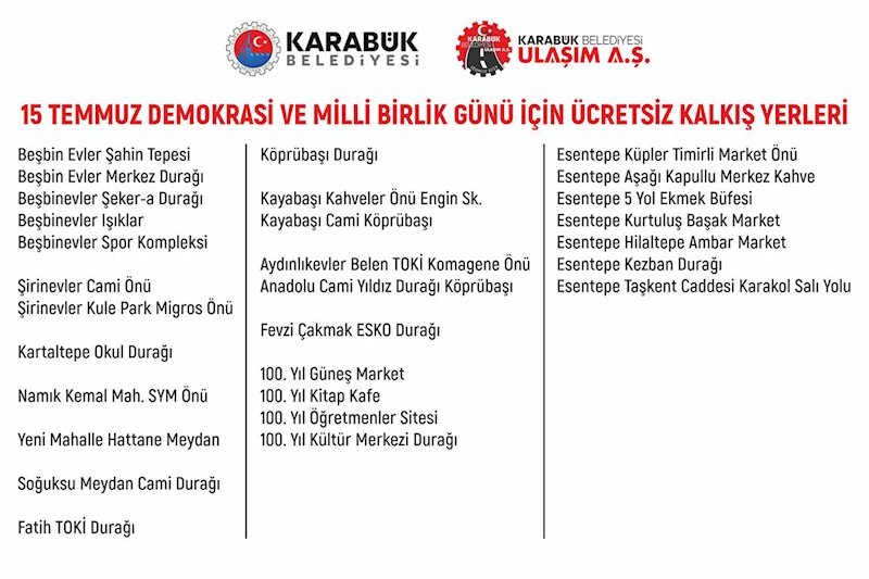 15 Temmuz Milli Birlik ve Demokrasi Günü Programı İçin Kemal Güneş Caddesine Ücretsiz Ring Seferlerimiz Olacaktır
