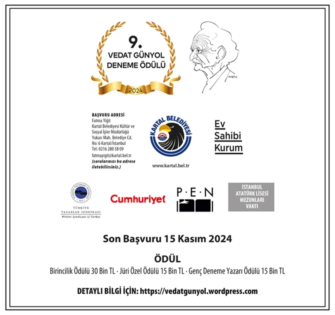 VEDAT GÜNYOL 9. DENEME ÖDÜLÜ YARIŞMASI İÇİN BAŞVURULAR ALINMAYA BAŞLANDI