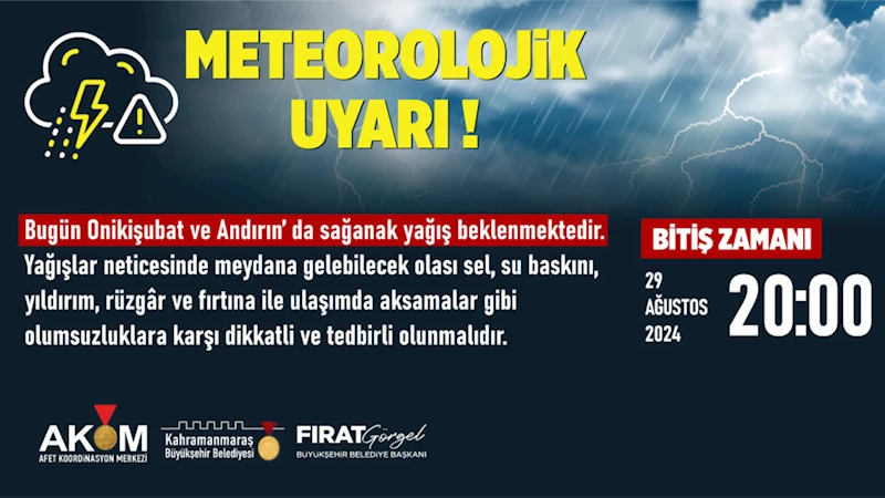 Onikişubat ve Andırın’da Sağanak Yağış Uyarısı!