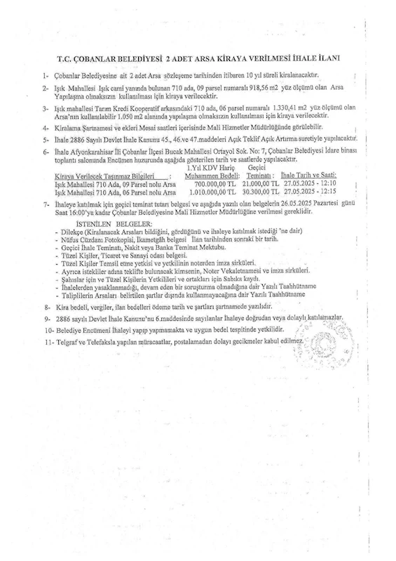 2 ADET ARSA KİRAYA VERİLMESİ İHALESİ