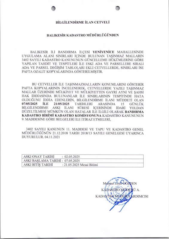 Yeniyenice Mahallesi 3402 Sayılı Kadastro Kanunun 22 inci maddesi kapsamında yapılan Kadastro güncelleme çalışması