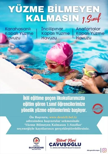 Denizli Büyükşehir’den 1. sınıf öğrencilerine ücretsiz yüzme eğitimi